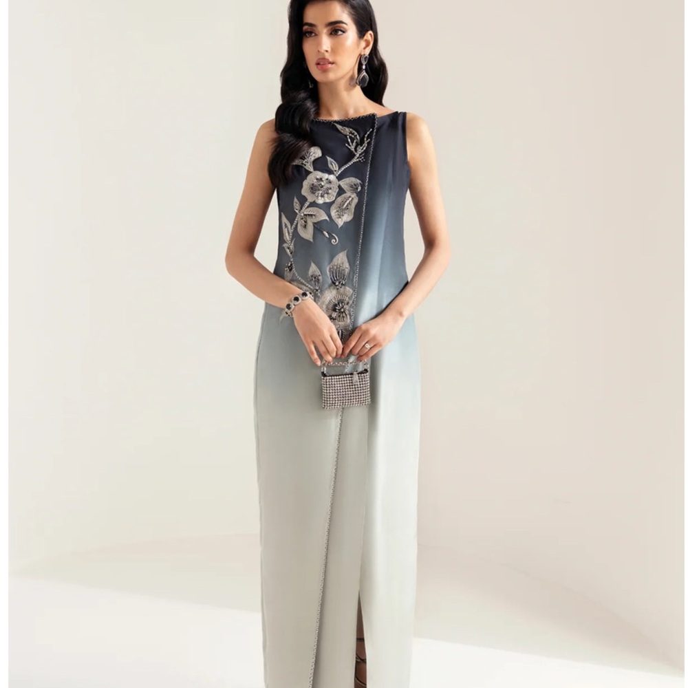 Elegant Ombre Floral Maxi Dress - Blue to Cream/Pakistani designer